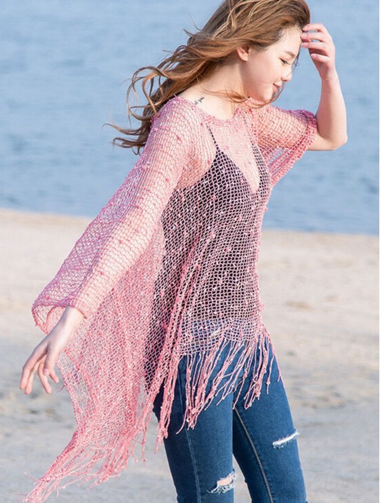 Crochet Knit Sleeved Top with Fringe